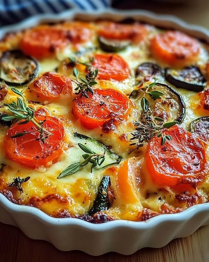High protein cottage cheese veggie bake with fresh vegetables on a plate.