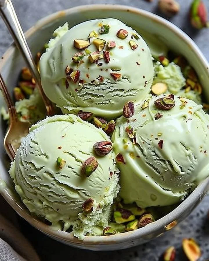 High protein pistachio ice cream served in a bowl with pistachios on top