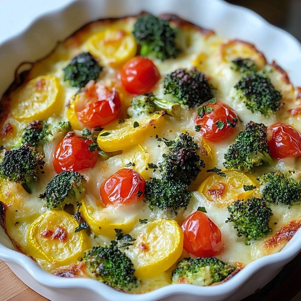 High-protein veggie bake with cottage cheese garnished with fresh herbs