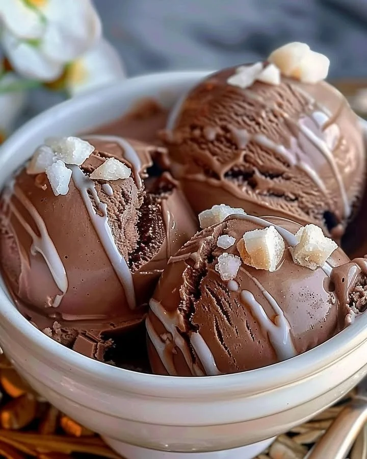 Bowl of homemade chocolate ice cream topped with chocolate chips