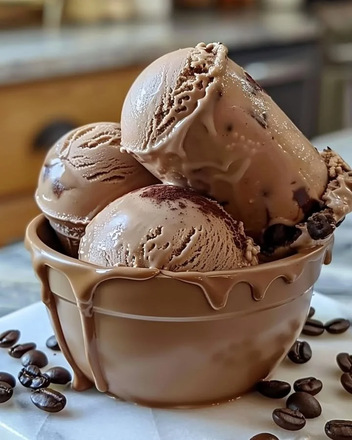 Delicious homemade coffee ice cream in a bowl with coffee beans