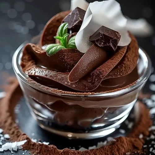 Delicious homemade chocolate mousse in a glass dessert dish