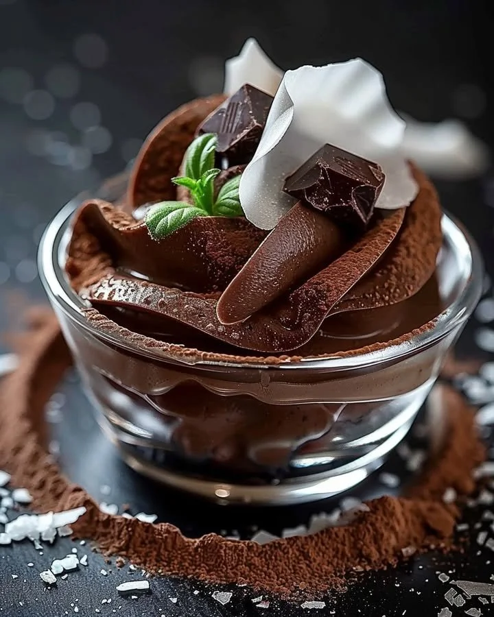 Delicious homemade chocolate mousse in a glass dessert dish