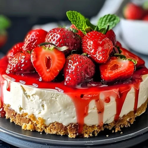 Delicious homemade strawberry cheesecake topping on a dessert plate.