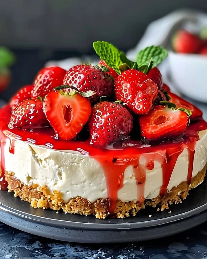 Delicious homemade strawberry cheesecake topping on a dessert plate.