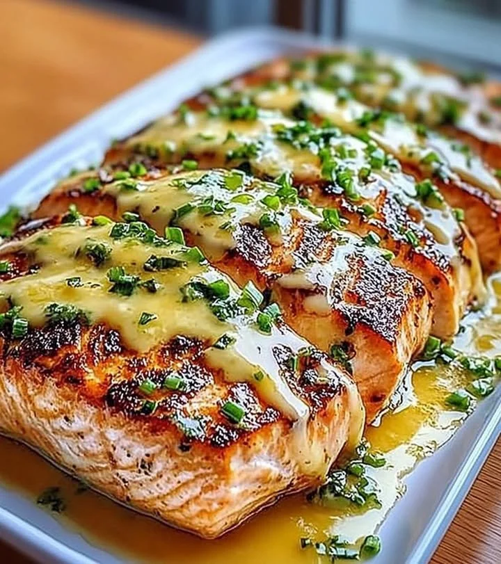 Delicious Honey Lime Garlic Butter Baked Salmon plated with herbs
