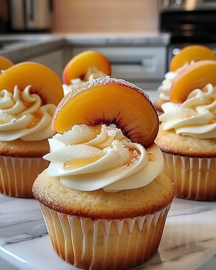 Honey Peach Cream Cheese Cupcakes topped with creamy frosting and fresh peaches.