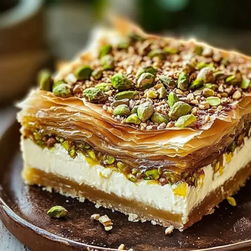 Delicious Honey Pistachio Baklava Cheesecake served on a gold plate.