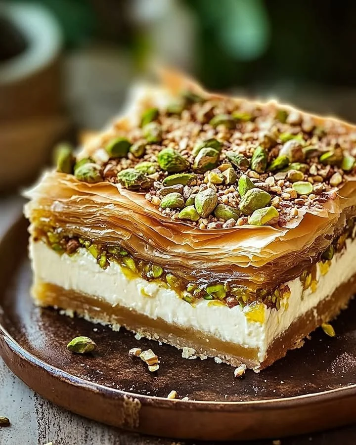 Delicious Honey Pistachio Baklava Cheesecake served on a gold plate.