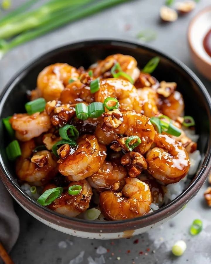 Plate of delicious Honey Walnut Shrimp served with a side of greens