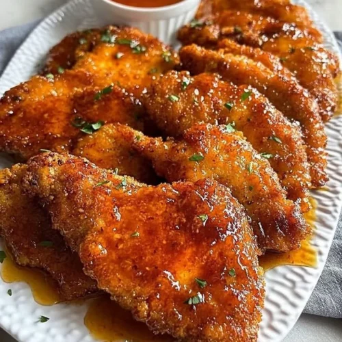Crispy hot honey chicken cutlets served with sauce and garnish.