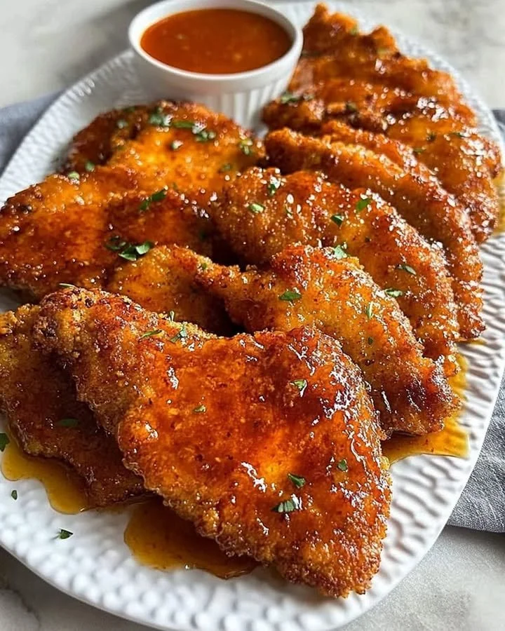 Crispy hot honey chicken cutlets served with sauce and garnish.