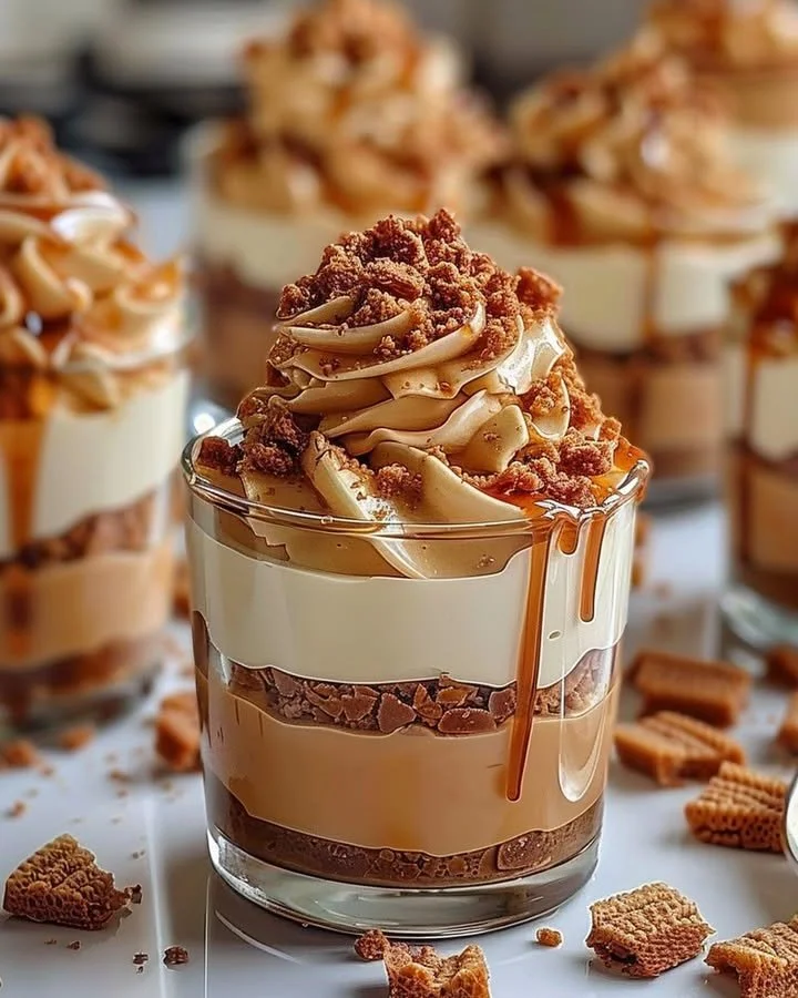 Delicious Biscoff cheesecake cups with a crunchy topping