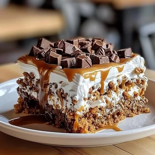 Delicious Heath Bar Poke Cake topped with crumbled Heath Bars and whipped cream.