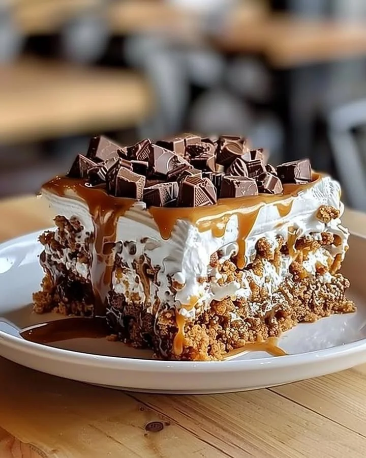 Delicious Heath Bar Poke Cake topped with crumbled Heath Bars and whipped cream.
