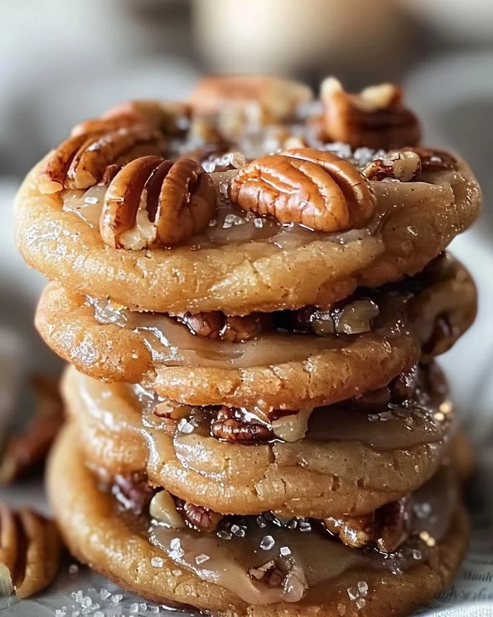 Plate of irresistible pecan pie cookies with pecans on top