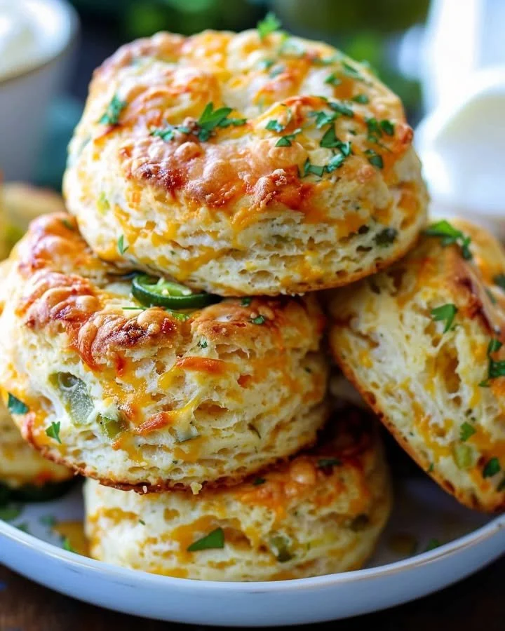 Freshly baked jalapeño cheddar biscuits on a cooling rack