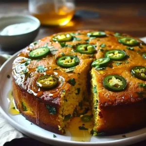 Delicious Jalapeño Cornbread with a Lime Honey Glaze on a rustic wooden table.