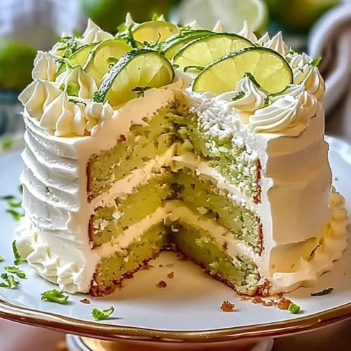 Slice of key lime cake with key lime cream cheese frosting on a plate