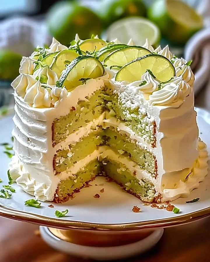 Slice of key lime cake with key lime cream cheese frosting on a plate