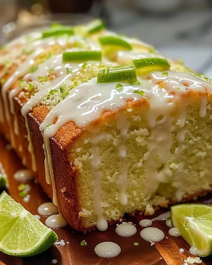 Delicious Key Lime Pound Cake with a glossy Key Lime Glaze on top.