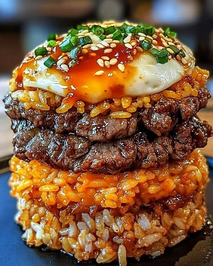 Korean BBQ Beef Rice Stack with tender beef and rice garnished with vegetables