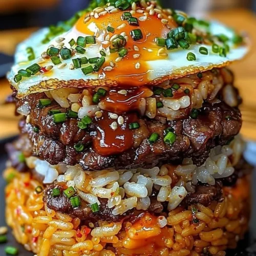 Korean BBQ Beef Rice Stack topped with fresh vegetables and sesame seeds