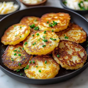 Crispy Korean potato cheese pancakes served on a plate with dipping sauce