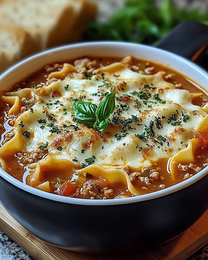 A delicious bowl of Lasagna Soup topped with cheese and herbs