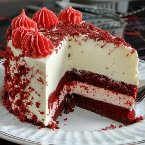 Layered red velvet and white chocolate cheesecake dessert on a plate