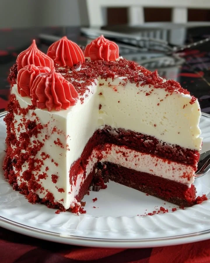 Layered red velvet and white chocolate cheesecake dessert on a plate