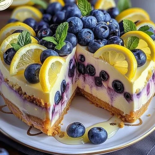 Slice of Lemon Blueberry Cheesecake Delight with fresh blueberries on top