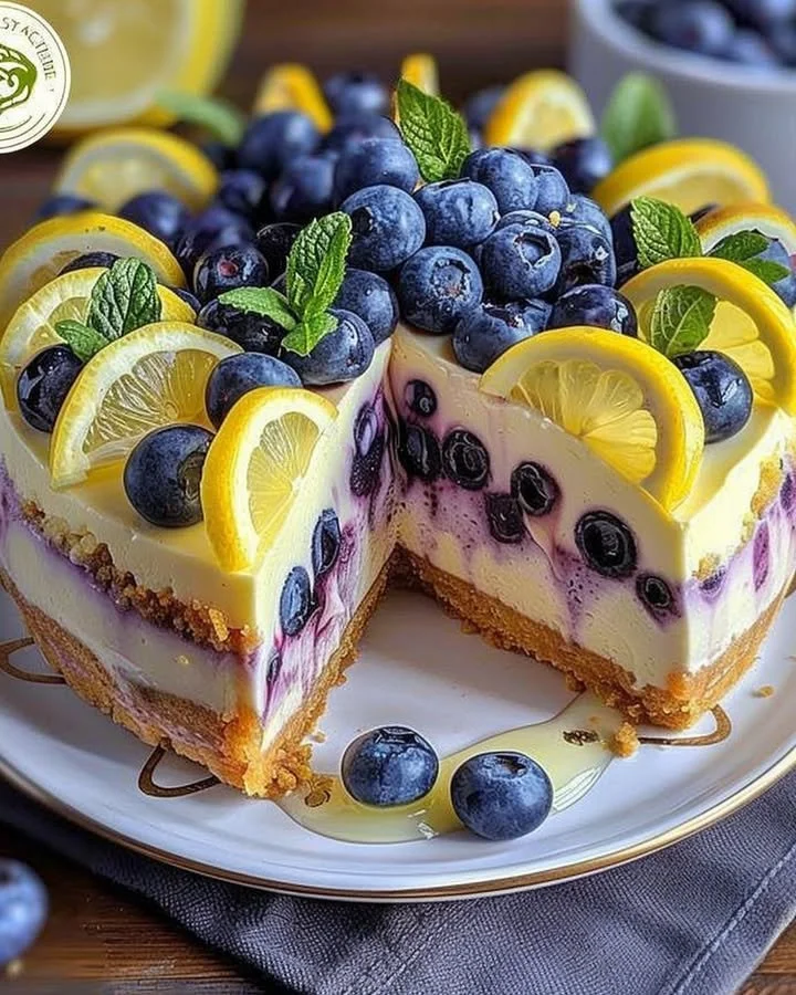 Slice of Lemon Blueberry Cheesecake Delight with fresh blueberries on top