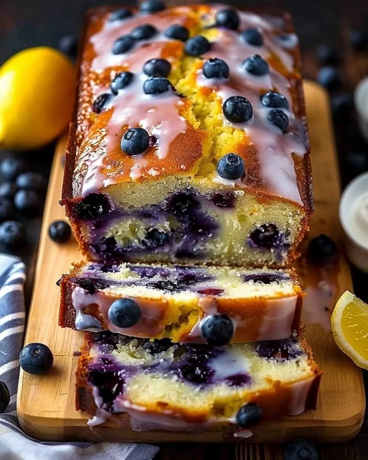 Slice of Lemon Blueberry Yogurt Loaf on a plate, showcasing blueberries and lemon zest
