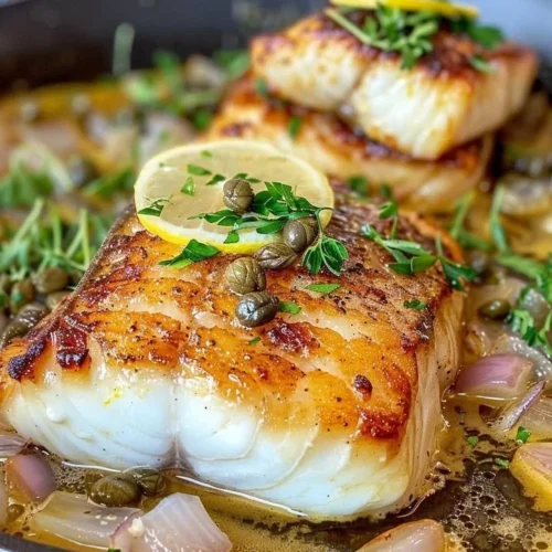 Lemon Caper Butter Chilean Seabass plated with garnishes