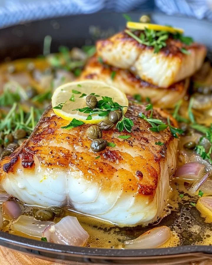 Lemon Caper Butter Chilean Seabass plated with garnishes