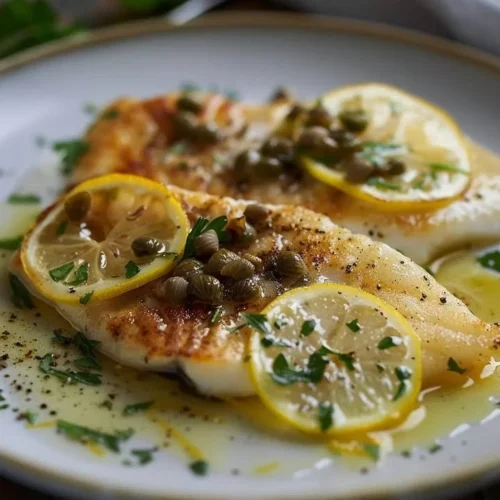 Plate of lemon-caper butter sole served with garnish