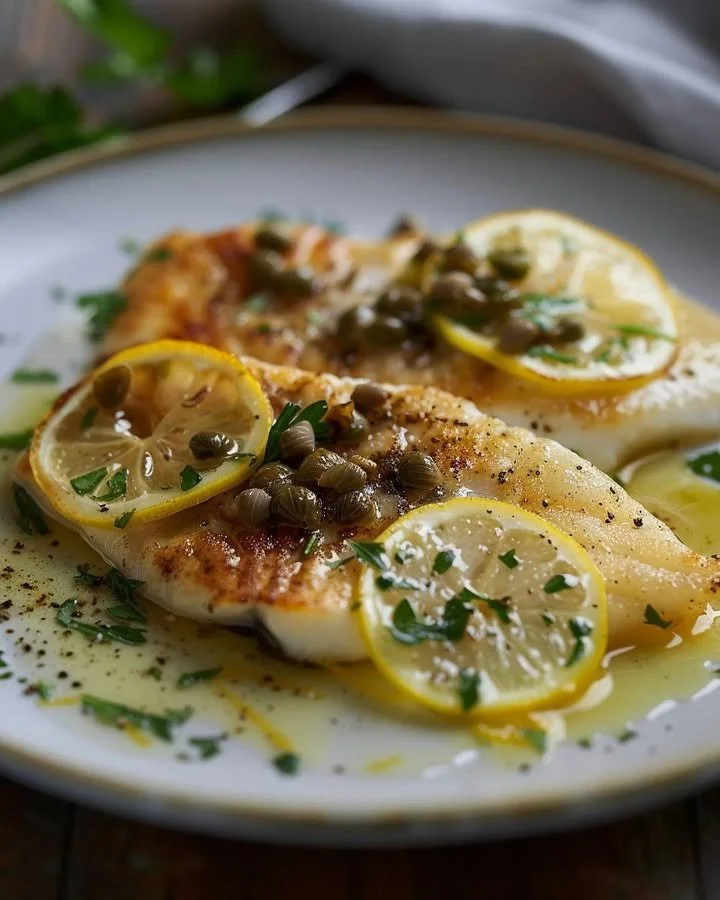 Plate of lemon-caper butter sole served with garnish