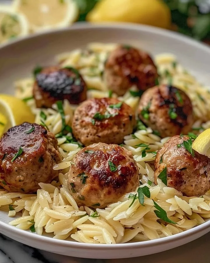 Plate of lemon chicken ricotta meatballs served with garlic orzo.