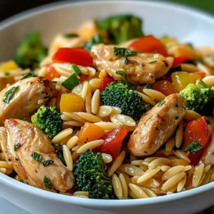 Lemon Chicken Vegetable Orzo Stir Fry served in a vibrant bowl with fresh veggies.