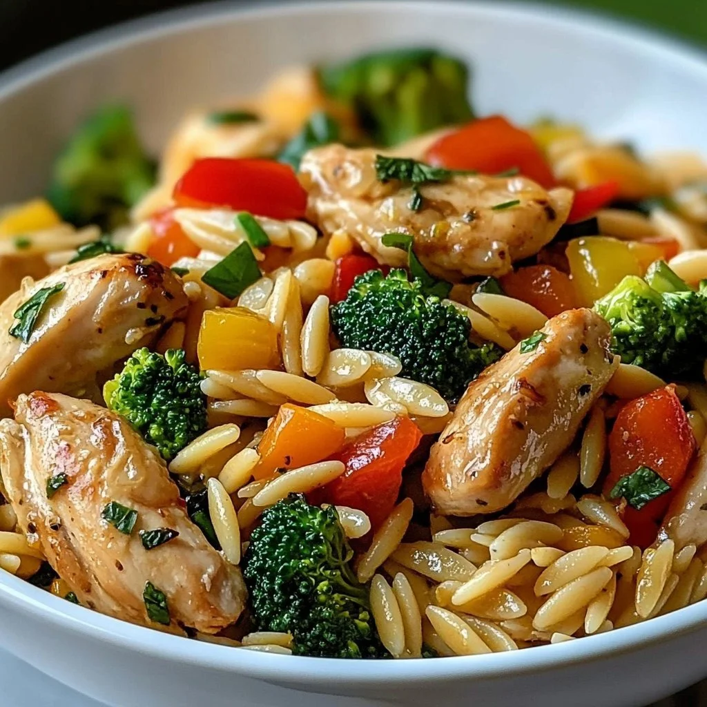Lemon Chicken Vegetable Orzo Stir Fry served in a vibrant bowl with fresh veggies.