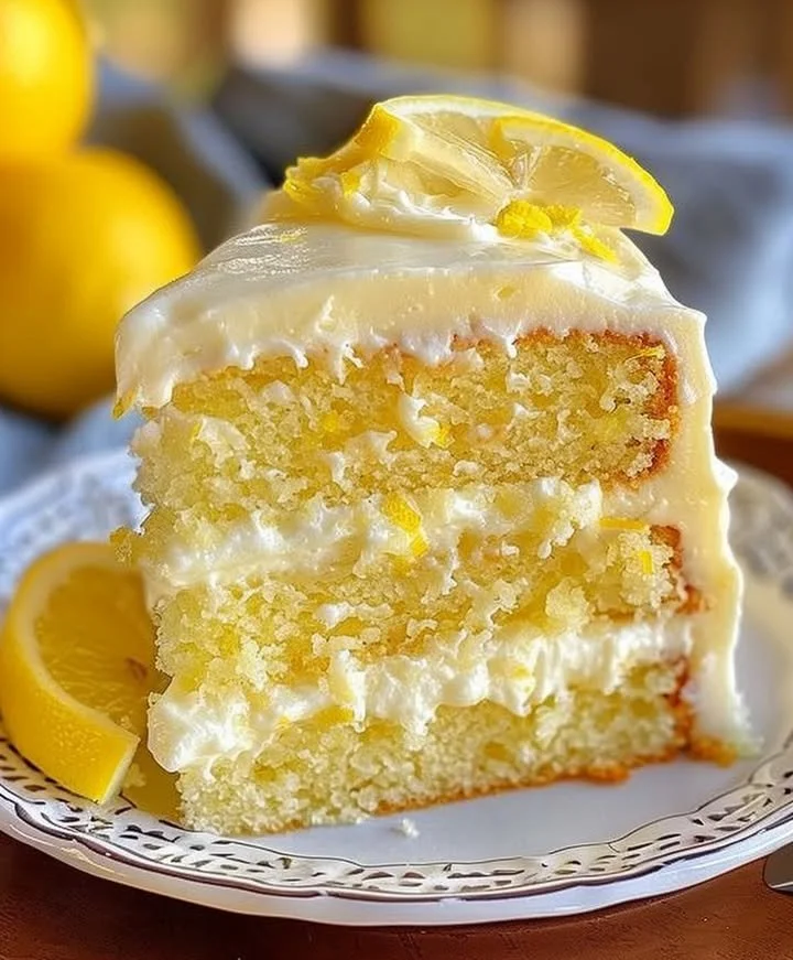 Delicious Lemon Heaven Cake with creamy frosting and lemon zest garnish