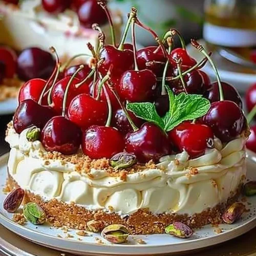 Lemon Lime Cherry Pistachio Cheesecake topped with fresh cherries and pistachios.