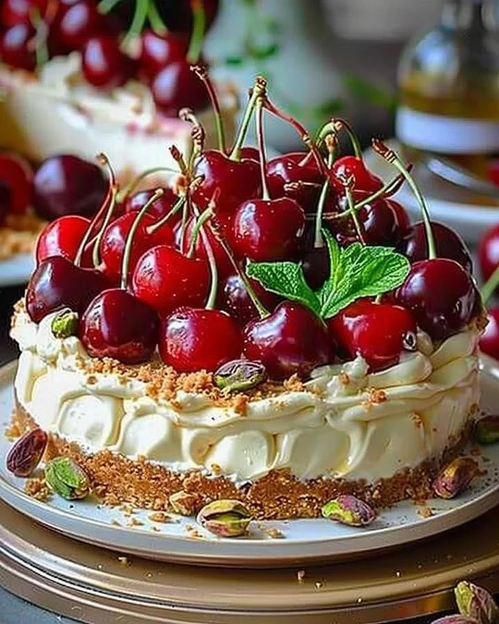 Lemon Lime Cherry Pistachio Cheesecake topped with fresh cherries and pistachios.