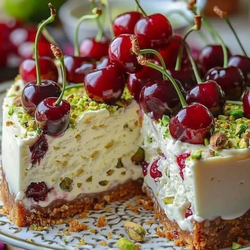 Lemon-Lime Cherry Pistachio Cheesecake topped with cherries and pistachios