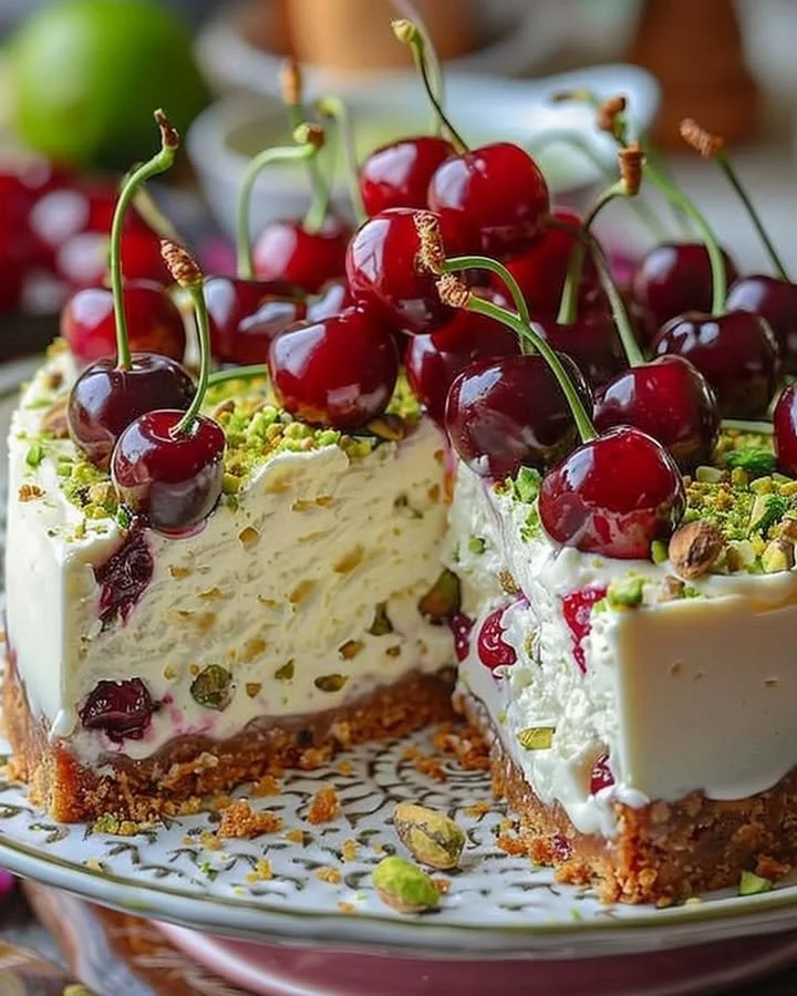 Lemon-Lime Cherry Pistachio Cheesecake topped with cherries and pistachios