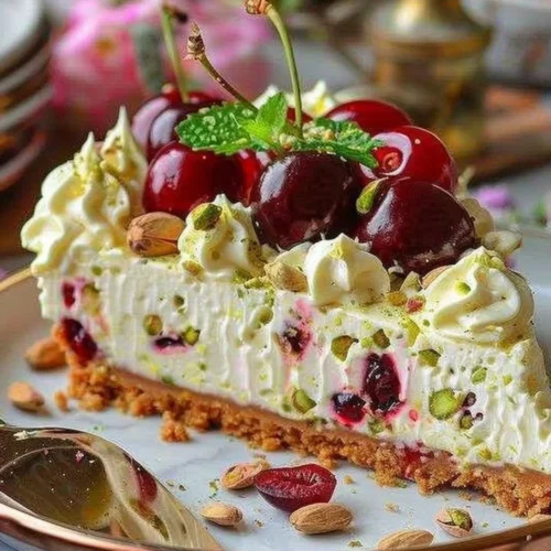 Lemon-Lime Cherry Pistachio Cheesecake topped with fresh cherries and pistachios