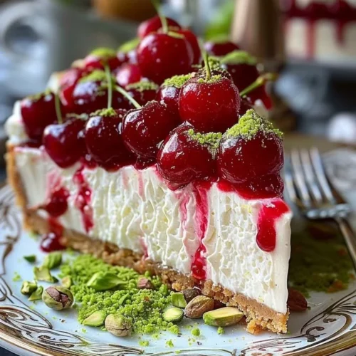 Lemon-Lime Cherry Pistachio Cheesecake garnished with fresh cherries and pistachios
