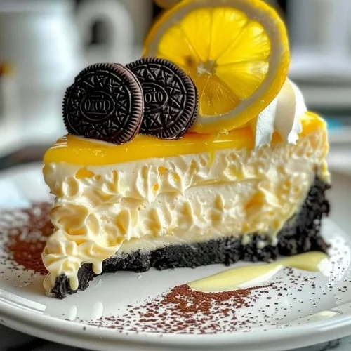 Delicious slice of Lemon Oreo Cheesecake with a crust and creamy filling