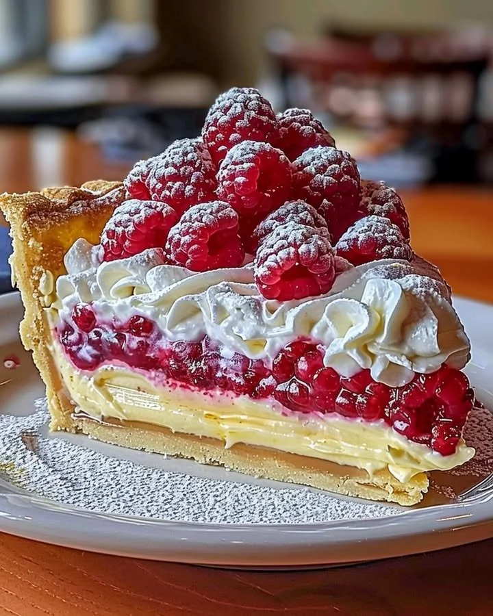 Lemon Raspberry Layered Pie with fresh raspberries and lemon slices